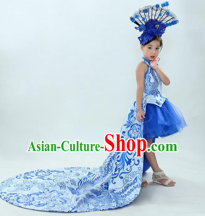 Top Grade Chinese Compere Professional Performance China Style Catwalks Costume, Children Chorus Blue and White Porcelain Formal Dress Modern Dance Baby Princess Long Trailing Dress for Girls Kids