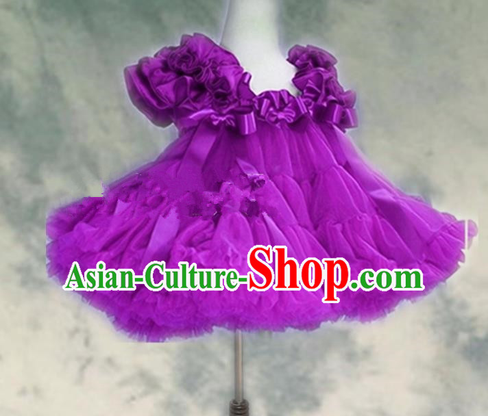 Top Grade Chinese Compere Professional Performance Catwalks Costume, Children Chorus Purple Bubble Formal Dress Modern Dance Baby Princess Veil Short Dress for Girls Kids