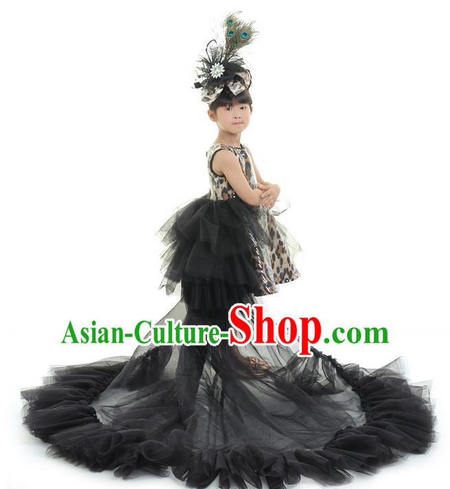 Top Grade Chinese Compere Professional Performance Catwalks Costume, Children Chorus Black Leopard Formal Dress Modern Dance Baby Princess Long Trailing Dress for Girls Kids