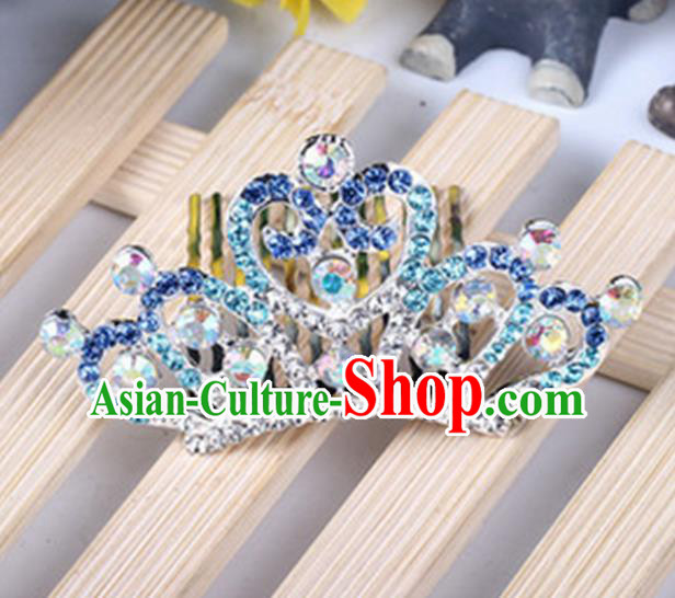 Top Grade Handmade Classical Hair Accessories, Children Baroque Style Blue Crystal Princess Royal Crown Hair Comb Jewellery for Kids Girls