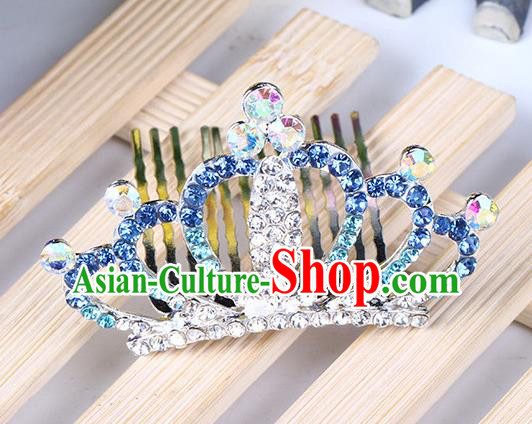 Top Grade Handmade Classical Hair Accessories, Children Baroque Style Blue Crystal Baby Princess Little Alloy Royal Crown Twist Inserted Comb Hair Comb Jewellery for Kids Girls