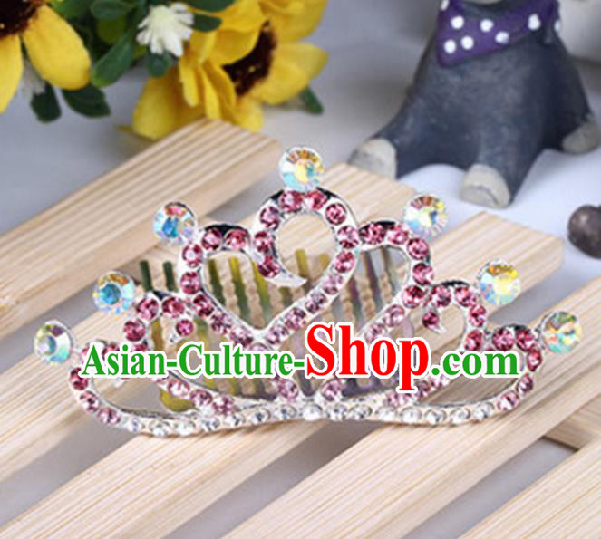 Top Grade Handmade Classical Hair Accessories, Children Baroque Style Pink Crystal Baby Princess Little Alloy Heart-shaped Royal Crown Twist Inserted Comb Hair Comb Jewellery for Kids Girls