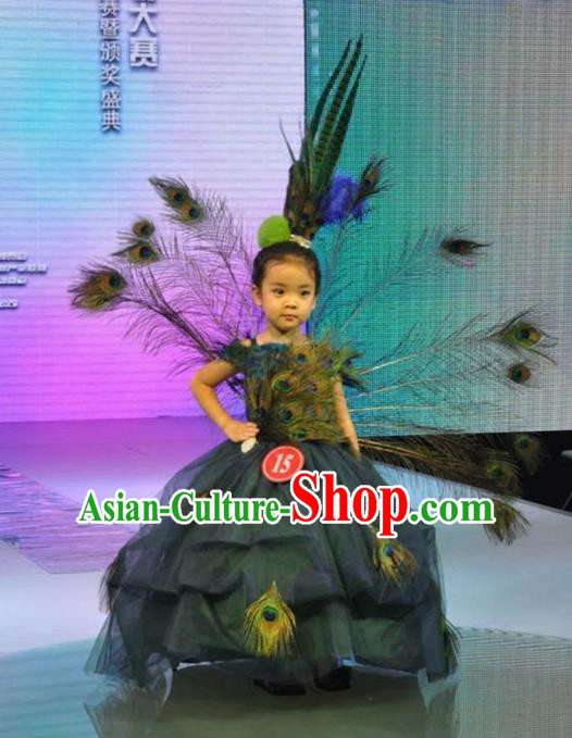 Top Grade Compere Professional Performance Catwalks Costume and Handmade Headpiece Complete Set, Children Chorus Peacock Feathers Bubble Full Dress Modern Dance Baby Princess Modern Fancywork Ball Gown Dress for Girls
