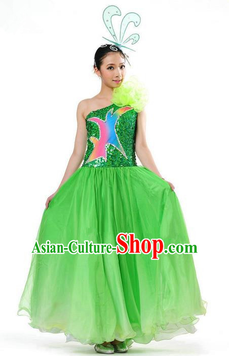 Chinese Classic Stage Performance Chorus Singing Group Dance Costumes, Opening Dance Competition Green Dress, Classic Dance Clothing for Women