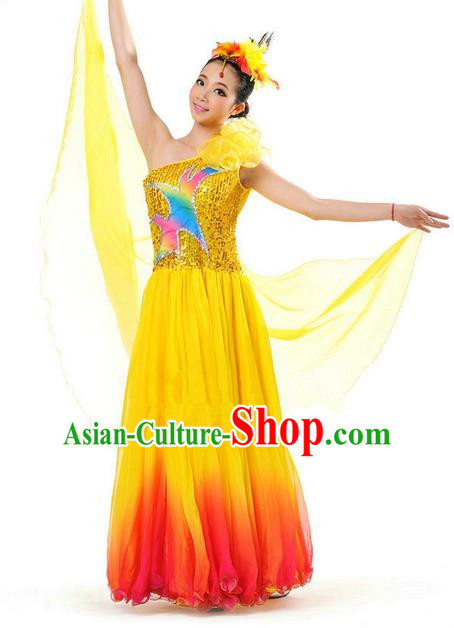 Chinese Classic Stage Performance Chorus Singing Group Dance Costumes, Opening Dance Competition Yellow Dress, Classic Dance Clothing for Women