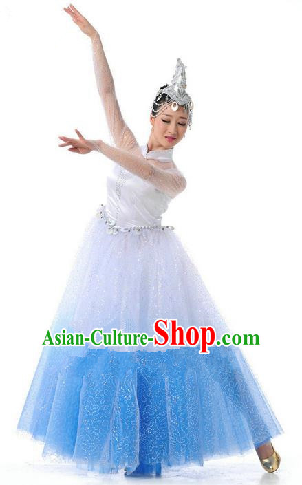 Traditional Chinese Classical Dance Fan Dancing Umbrella Dance Costume, Folk Dance Opening Dance Uniform Bubble Long Dress for Women