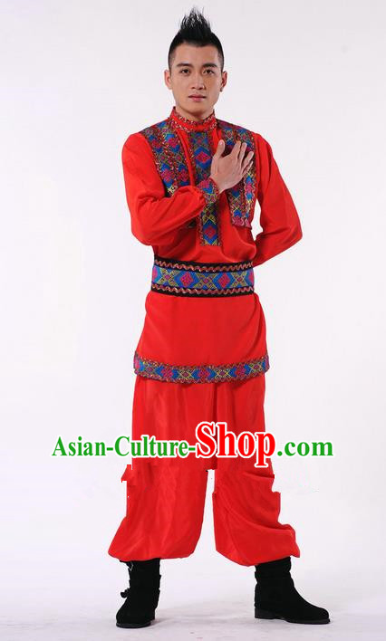 Traditional Chinese Classical Dance Yangge Lion Dance Costume, Uigurian Folk Dance Drum Dance Uniform Yangko Clothing Complete Set for Men