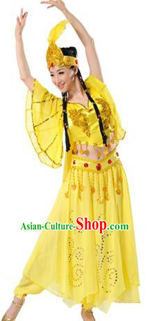 Traditional Chinese Uyghur Nationality Dancing Costume, Folk Dance Ethnic Clothing Yellow Dress, Chinese Minority Nationality Uigurian Dance Costume for Women
