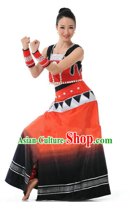 Traditional Chinese Wa Nationality Dancing Costume, Wa Zu Female Folk Dance Ethnic Skirt, Chinese Wa Minority Nationality Embroidery Costume for Women