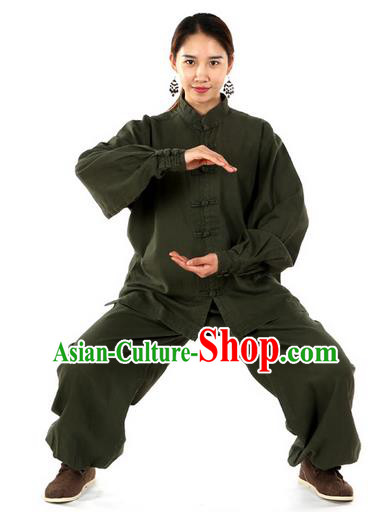 Top Kung Fu Costume Pulian Clothing Martial Arts Army Green Linen Suits, Training Costume Tai Ji Uniforms Gongfu Shaolin Wushu Tai Chi Clothing for Women