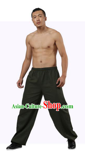 Top Grade Kung Fu Costume Martial Arts Army Green Linen Pants Pulian Zen Clothing, Training Bloomers Gongfu Trousers Shaolin Wushu Tai Chi Plus Fours for Men