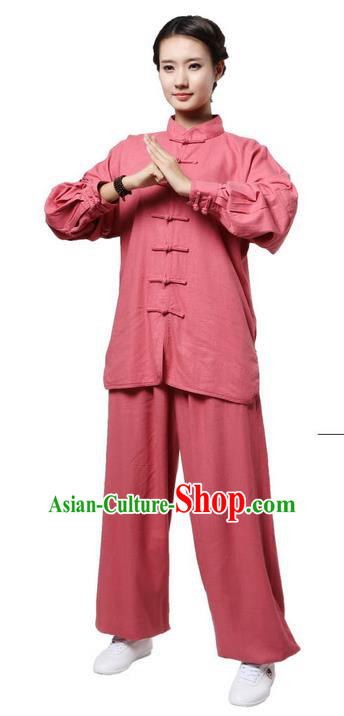Top Grade Kung Fu Costume Martial Arts Dark Pink Linen Suits Pulian Zen Clothing, Training Costume Tai Ji Uniforms Gongfu Shaolin Wushu Tai Chi Plated Buttons Clothing for Women
