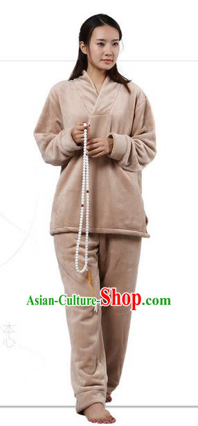Top Grade Kung Fu Costume Martial Arts Thicken Flannel Khaki Cloak Suits Pulian Zen Clothing, Training Costume Tai Ji Uniforms Gongfu Shaolin Wushu Tai Chi Clothing for Women