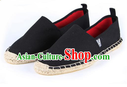 Top Grade Kung Fu Martial Arts Shoes Pulian Shoes, Chinese Traditional Tai Chi Linen Black Shoes Monk Straw Cloth Shoes for Women for Men
