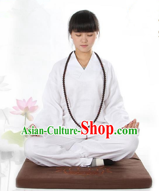 Top Grade Kung Fu Costume Martial Arts Linen Meditation Suits Pulian Zen Clothing, Training Costume Tai Ji White Uniforms Gongfu Shaolin Wushu Tai Chi Clothing for Women
