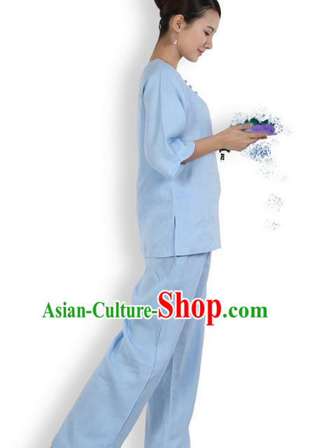 Top Grade Kung Fu Costume Martial Arts Blue Linen Suits Pulian Zen Clothing, Training Costume Tai Ji Meditation Uniforms Gongfu Shaolin Wushu Tai Chi Plated Buttons Clothing for Women