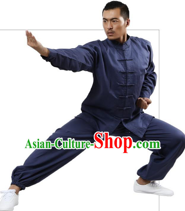 Top Grade Kung Fu Costume Martial Arts Navy Linen Suits Pulian Zen Clothing, Training Costume Tai Ji Meditation Uniforms Gongfu Wushu Tai Chi Plated Buttons Clothing for Men