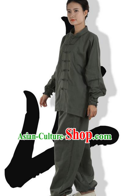 Top Grade Kung Fu Costume Martial Arts Army Green Linen Suits Pulian Zen Clothing, Training Costume Tai Ji Meditation Uniforms Gongfu Wushu Tai Chi Plated Buttons Clothing for Women