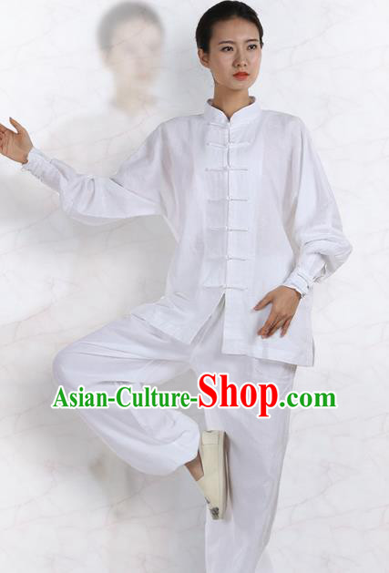 Top Grade Kung Fu Costume Martial Arts White Linen Suits Pulian Zen Clothing, Training Costume Tai Ji Meditation Uniforms Gongfu Wushu Tai Chi Plated Buttons Clothing for Women