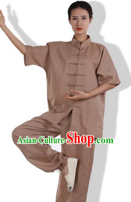 Top Grade Kung Fu Costume Martial Arts Khaki Linen Suits Pulian Zen Clothing, Training Costume Tai Ji Meditation Uniforms Gongfu Wushu Tai Chi Short Sleeve Clothing for Women