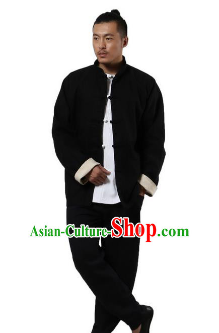 Top Grade Chinese Kung Fu Costume Martial Arts Black Linen Coats Pulian Clothing, Gongfu Meditation Shaolin Wushu Tai Chi Tang Suit Jacket for Men