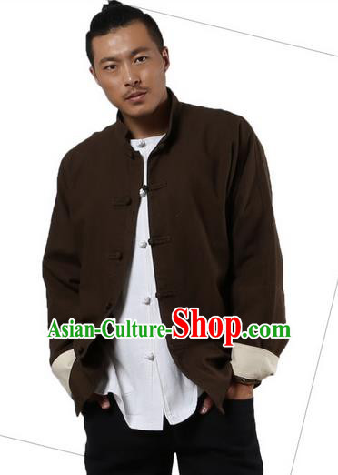 Top Grade Chinese Kung Fu Costume Martial Arts Coffee Linen Coats Pulian Clothing, Gongfu Meditation Shaolin Wushu Tai Chi Tang Suit Jacket for Men