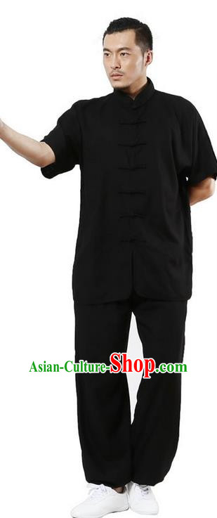 Traditional Chinese Kung Fu Costume Martial Arts Linen Black Suits Pulian Meditation Clothing, Tang Suit Plated Buttons Uniforms Tai Chi Clothing for Men