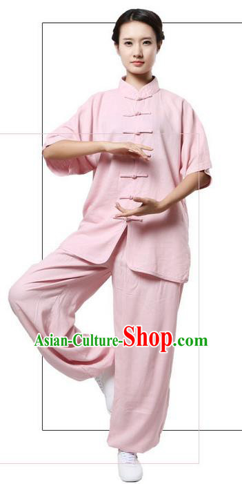 Traditional Chinese Kung Fu Costume Martial Arts Linen Pink Suits Pulian Meditation Clothing, Tang Suit Plated Buttons Uniforms Tai Chi Clothing for Women