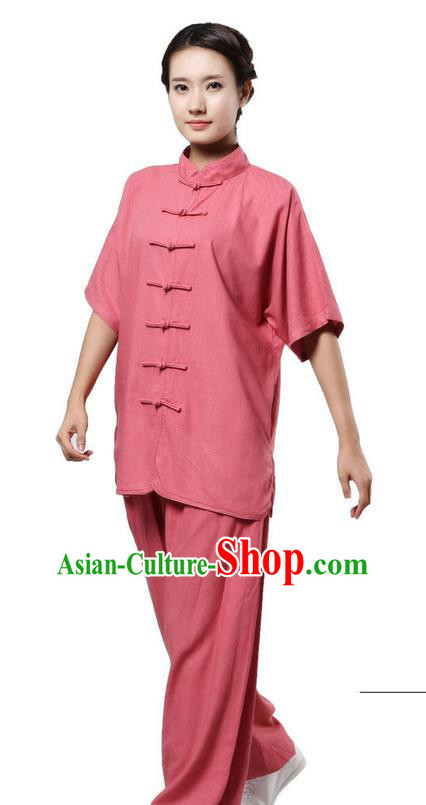 Traditional Chinese Kung Fu Costume Martial Arts Linen Rose Suits Pulian Meditation Clothing, Tang Suit Plated Buttons Uniforms Tai Chi Clothing for Women