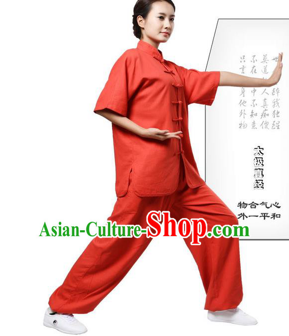 Traditional Chinese Kung Fu Costume Martial Arts Linen Watermelon Red Suits Pulian Meditation Clothing, Tang Suit Plated Buttons Uniforms Tai Chi Clothing for Women