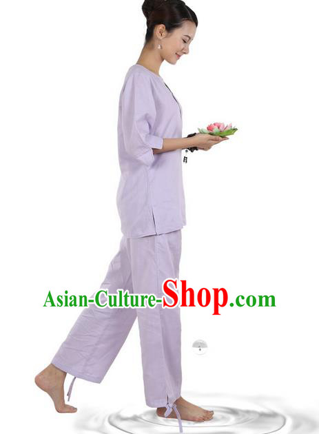 Traditional Chinese Kung Fu Costume Martial Arts Linen Light Purple Suits Pulian Meditation Clothing, China Tang Suit Yoga Uniforms Tai Chi Clothing for Women