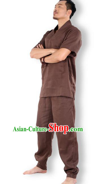 Traditional Chinese Kung Fu Costume Martial Arts Linen Coffee Suits Pulian Clothing, China Tang Suit Uniforms Tai Chi Meditation Clothing for Men
