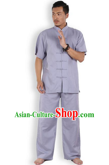 Traditional Chinese Kung Fu Costume Martial Arts Ice Silk Linen Short Sleeve Grey Suits Pulian Clothing, China Tang Suit Uniforms Tai Chi Meditation Clothing for Men