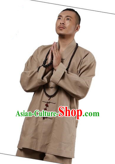 Traditional Chinese Kung Fu Costume Martial Arts Linen Plated Buttons Khaki Suits Pulian Clothing, China Tang Suit Uniforms Tai Chi Monk Meditation Clothing for Men