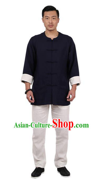 Traditional Chinese Kung Fu Costume Martial Arts Linen Plated Buttons Navy Shirts Pulian Clothing, China Tang Suit Jacket Tai Chi Meditation Upper Outer Garment for Men