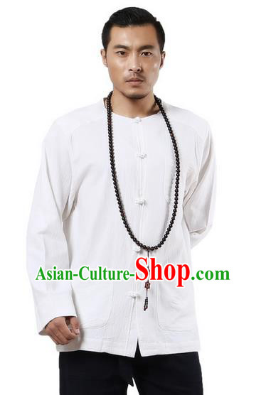 Traditional Chinese Kung Fu Costume Martial Arts Ramie Long Sleeve Shirts Pulian Clothing, China Tang Suit Tai Chi Meditation White Overshirts for Men