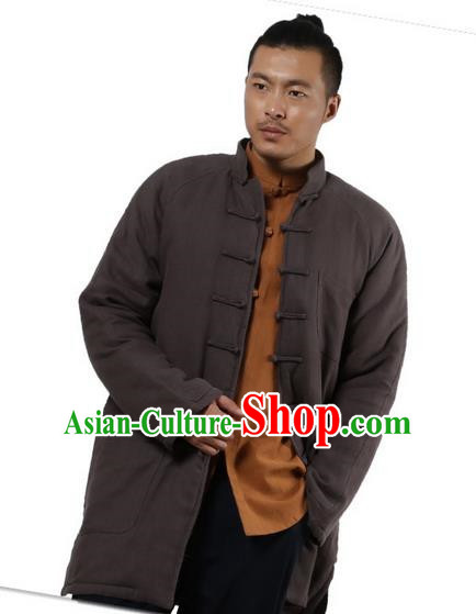 Traditional Chinese Kung Fu Costume Martial Arts Linen Plated Buttons Cotton-padded Coats Pulian Clothing, China Tang Suit Grey Jacket Tai Chi Meditation Upper Outer Garment for Men