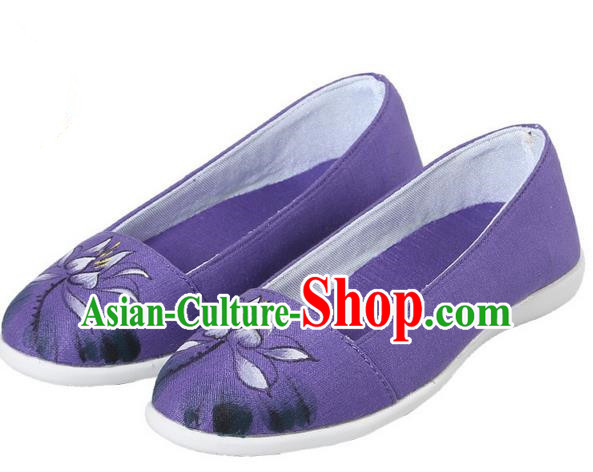 Top Chinese Traditional Tai Chi Hand Painting Lotus Linen Shoes Kung Fu Pulian Shoes Martial Arts Purple Shoes for Women