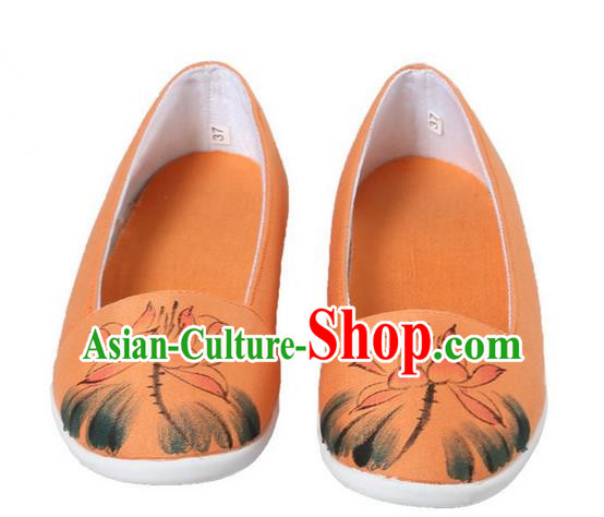 Top Chinese Traditional Tai Chi Hand Painting Lotus Linen Shoes Kung Fu Pulian Shoes Martial Arts Orange Shoes for Women