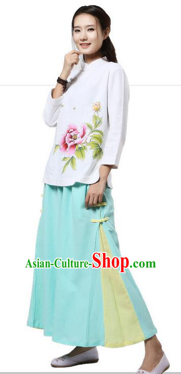 Top Chinese Traditional Costume Tang Suit White Blouse, Pulian Clothing China Cheongsam Upper Outer Garment Painting Peony Flower Plated Buttons Shirts for Women