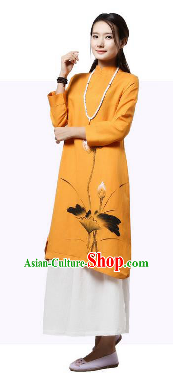 Top Chinese Traditional Costume Tang Suit Yellow Painting Lotus Qipao Dress, Pulian Clothing China Cheongsam Upper Outer Garment Stand Collar Dress for Women