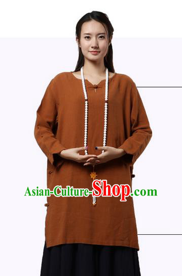 Top Chinese Traditional Costume Tang Suit Coffee Linen Qipao Dress, Pulian Zen Clothing China Cheongsam Upper Outer Garment Dress for Women