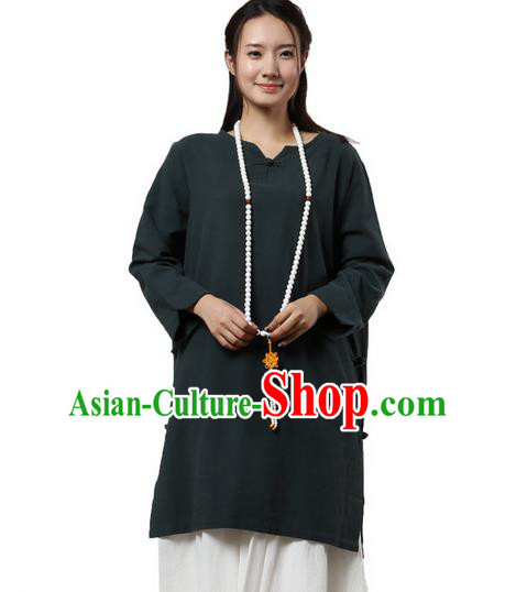 Top Chinese Traditional Costume Tang Suit Atrovirens Linen Qipao Dress, Pulian Zen Clothing China Cheongsam Upper Outer Garment Dress for Women