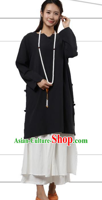 Top Chinese Traditional Costume Tang Suit Black Linen Qipao Dress, Pulian Zen Clothing China Cheongsam Upper Outer Garment Dress for Women