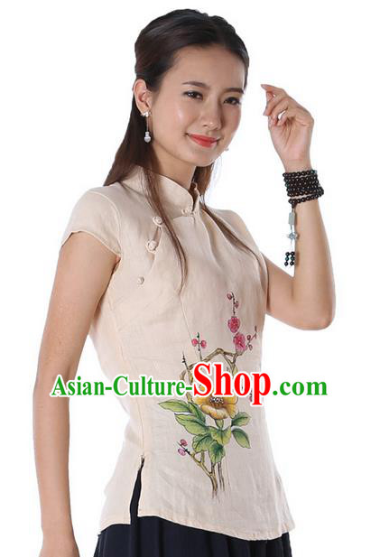 Top Chinese Traditional Costume Tang Suit Beige Painting Trumpet Flowers Blouse, Pulian Zen Clothing China Cheongsam Upper Outer Garment Stand Collar Shirts for Women