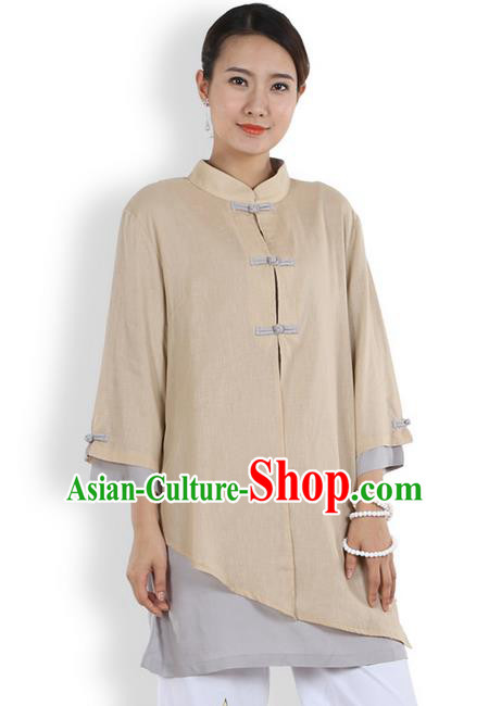 Top Chinese Traditional Costume Tang Suit Double-deck Linen Blouse, Pulian Clothing China Cheongsam Upper Outer Garment Khaki Plated Buttons Shirt for Women