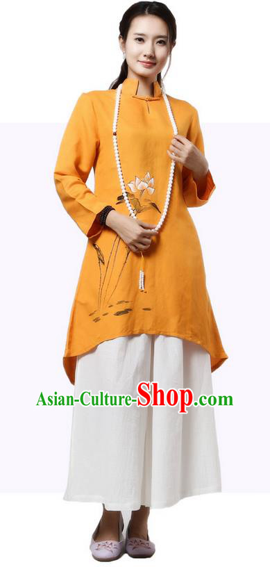 Top Chinese Traditional Costume Tang Suit Linen Painting Lotus Qipao Dress, Pulian Clothing China Republic of China Cheongsam Upper Outer Garment Yellow Dress for Women