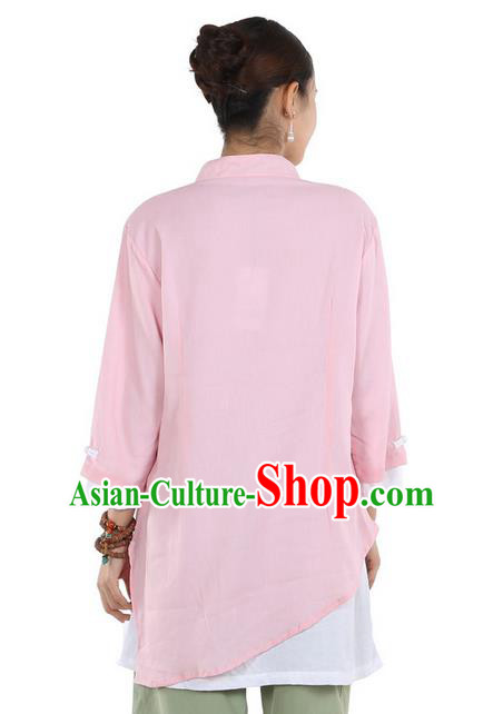 Top Chinese Traditional Costume Tang Suit Double-deck Linen Blouse, Pulian Clothing China Cheongsam Upper Outer Garment Pink Plated Buttons Shirt for Women