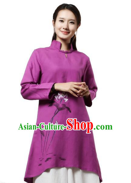 Top Chinese Traditional Costume Tang Suit Linen Painting Lotus Qipao Dress, Pulian Clothing China Republic of China Cheongsam Upper Outer Garment Purple Dress for Women