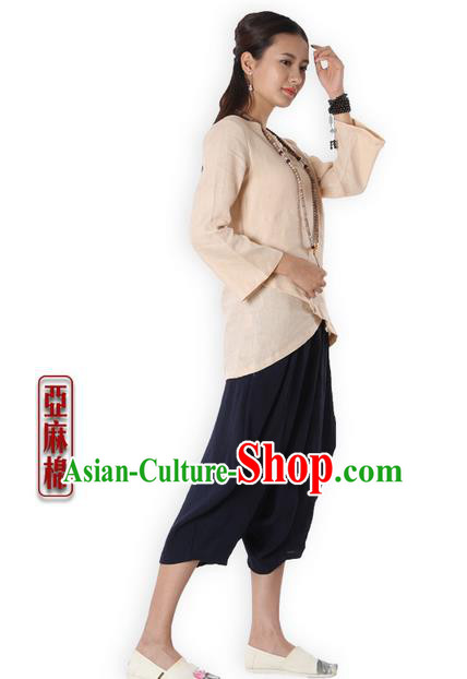 Top Chinese Traditional Costume Tang Suit Beige Blouse, Pulian Zen Clothing China Cheongsam Upper Outer Garment Plated Buttons Shirts for Women